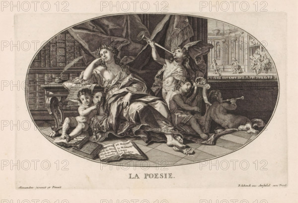La Poesie, Poetry or Poetic Art, Le Cabinet des Beaux Arts, The Treasury of the Liberal Arts, print, album page, Ceiling piece with the personified Art of Poetry, leaning against a writing desk with a laurel wreath on her head. Surrounding her are putti with musical instruments and a mask. On the left, a bookcase. In the background on the right, a theater where the play Cinna is being performed. Print is part of an album., printmaker: Pieter Sluyter, Amsterdam, after print by Pierre Lepautre, after painting by Alexandre (painter), publisher: Pieter Schenk (I), grantor of privilege: States of Holland and West Friesland, 1693, Pierre Lepautre, after print by, paper, etching, engraving, height 171 mm x width 263 mm, (decorated) ceiling, symbolic representations, allegories and emblems, poetry, 'Poesia' (Ripa), A detailed oval engraving shows a seated female figure draped in flowing fabric, leaning her head on one hand with a pensive expression, surrounded by four cherubic children and the...