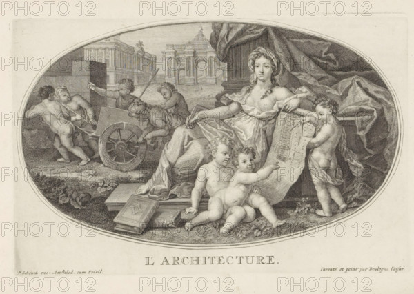 Architecture, Le Cabinet des Beaux Arts, The Treasury of the Liberal Arts, print, album page, Ceiling piece with the personification of Architecture. In her hand she holds a construction drawing with the elevation and floor plan of a building. On the left, children moving a building block with a cart. Print is part of an album., printmaker: Pieter Sluyter, Amsterdam, after print by Benoît Audran (I), after painting by Louis de Boullogne (I), publisher: Pieter Schenk (I), grantor of privilege: States of Holland and West Friesland, 1693, Benoît Audran (I), after print by, paper, etching, engraving, height 169 mm x width 262 mm, 'Architectura', symbolic representations, allegories and emblems, 'Architettura' (Ripa), (decorated) ceiling, An oval engraving showing a seated woman draped in flowing robes beneath a large curtain, surrounded by several naked children and putti; two children sit on the ground in the foreground with one pointing while another stands to the right holding a large r...
