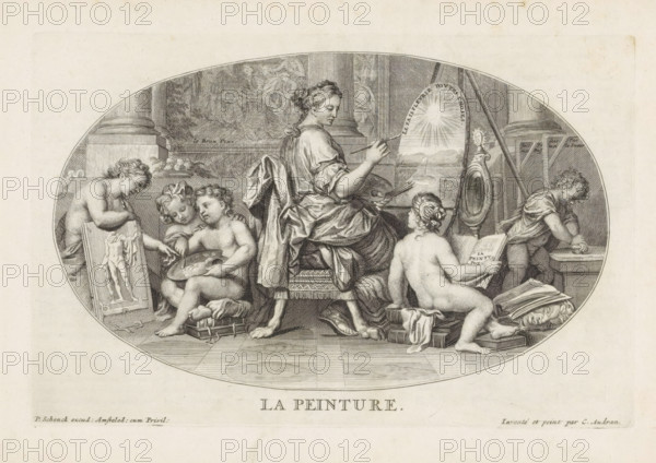 Painting, La Peinture, Le Cabinet des Beaux Arts, The Treasury of the Fine Arts, print, album page, Ceiling piece with the personification of Painting. She holds a brush and palette in her hands and works on a painting. Putti assist her. On the far right, a putto is rubbing paint. Print is part of an album., printmaker: Pieter Sluyter, Amsterdam, after print by Gérard Audran, after print by Germain Audran, after painting by Claude Audran (II), publisher: Pieter Schenk (I), grantor of privilege: States of Holland and West Friesland, 1693, Gérard Audran, Germain Audran, paper, etching, engraving, height 170 mm x width 262 mm, 'Pictura', symbolic representations, allegories and emblems, 'Pittura' (Ripa), (decorated) ceiling, An oval engraving shows a seated woman facing slightly to the right, holding brushes and a palette, with draped clothing and hair gathered at the back of her head; she sits on a decorated stool in an architectural interior with columns and a curtain behind her. Surrou...