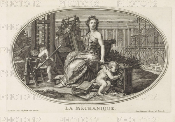 Mechanica, La Mechanique, Le Cabinet des Beaux Arts, De Schatkamer der Vrye Konsten, print, album page, Ceiling piece with the personification of Mechanica. She sits with a ruler in her hand amidst constructions and building activities. Next to her, a putto is working on the mechanism of a clock. Print is part of an album., printmaker: Pieter Sluyter, Amsterdam, after print by Louis Simonneau, after painting by Jean Baptiste Jouvenet, publisher: Pieter Schenk (I), grantor of privilege: States of Holland and West Friesland, 1693, Louis Simonneau, after print by, paper, etching, engraving, height 170 mm x width 263 mm, (decorated) ceiling, 'Mecanica' (RIPA), An oval engraving shows a seated woman in draped clothing holding a framed object, surrounded by three cherubic children; one child nearby is kneeling and turning a circular mechanism on a decorative box, another child stands at a workbench handling a long pole, and a third child sits behind the woman working at a loom-like device. T...