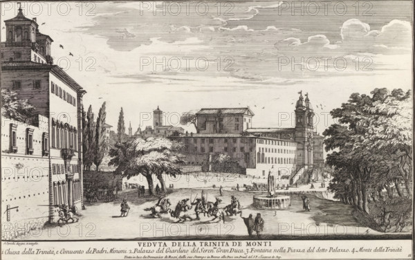 Villa Medici and the Trinita dei Monti in Rome, Veduta della Trinita de Monti, Il quarti libro del nuovo teatro delli palazzi in prospettiva di Roma moderna daton in luce sotto il felice pontificato de nostro signore papa Innocenzo XI, (libro quarto), Modern buildings in Rome, Il nuovo teatro di Roma moderna, print, album page, Series number, 11, 52, Title and an explanatory list of numbers in the bottom margin. Print is part of an album., printmaker: Alessandro Specchi, Italy, publisher: Domenico de' Rossi, Rome, grantor of privilege: Innocent XII, Vatican City, dedicated by: Domenico de' Rossi, dedicated to: Clement XI, 1699, Domenico de' Rossi, Innocent XII, Clement XI, printmaker, after drawing by, publisher, grantor of privilege, paper, etching, height 233 mm x width 368 mm, This print is part of a series of 52 prints depicting palaces in Rome. Together with four other series, it forms the large series: 'Il nuovo teatro di Roma moderna'., church (exterior), city-view, and landscap...
