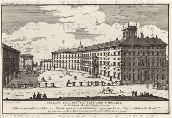 Palazzo dell ecc.mo sig.r prencipe Borghes, Palazzo Borghese in Rome, Il quarti libro del nuovo teatro delli palazzi in prospettiva di Roma moderna daton in luce sotto il felice pontificato de nostro signore papa Innocenzo XI, (libro quarto), Il nuovo teatro di Roma moderna, Modern buildings in Rome, print, album page, Series number, 12, 52, Title and an explanatory list of numbers in the bottom margin. Print is part of an album., printmaker: Alessandro Specchi, Italy, publisher: Domenico de' Rossi, Rome, grantor of privilege: Innocent XII, Vatican City, dedicated by: Domenico de' Rossi, dedicated to: Clement XI, 1699, Domenico de' Rossi, Innocent XII, Clement XI, printmaker, after drawing by, publisher, grantor of privilege, paper, etching, height 214 mm x width 325 mm, This print is part of a series of 52 prints depicting palaces in Rome. Together with four other series, it forms the large series: 'Il nuovo teatro di Roma moderna'., city-view, and landscape with man-made construction...