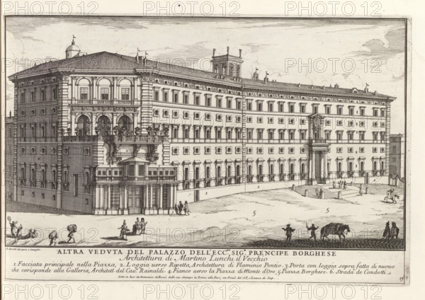 Altra veduta del Palazzo dell' ecc.mo sig.r prencipe Borghes, Palazzo Borghese in Rome, Il nuovo teatro di Roma moderna, Modern buildings in Rome, Il quarti libro del nuovo teatro delli palazzi in prospettiva di Roma moderna daton in luce sotto il felice pontificato de nostro signore papa Innocenzo Print is part of an album., printmaker: Alessandro Specchi, Italy, after drawing by Alessandro Specchi, publisher: Domenico de' Rossi, Rome, grantor of privilege: Innocent XII, Vatican City, dedicated by: Domenico de' Rossi, dedicated to: Clement XI, 1699, Alessandro Specchi, Domenico de' Rossi, Clement XI, printmaker, after drawing by, publisher, paper, etching, height 219 mm x width 335 mm, This print is part of a series of 52 prints depicting palaces in Rome. Together with four other series, it forms the large series: 'Il nuovo teatro di Roma moderna'., city-view, and landscape with man-made constructions, hotel, i.e. small palace in city, Palazzo Borghese, A large detailed architectural ...
