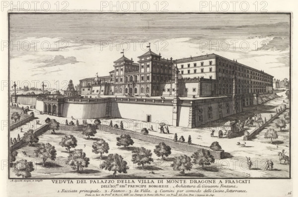 Villa Mondragone in Frascati, Veduta del Palazzo della Villa de Monte Dragone a Frascat, Modern buildings in Rome, Il quarti libro del nuovo teatro delli palazzi in prospettiva di Roma moderna daton in luce sotto il felice pontificato de nostro signore papa Innocenzo Print is part of an album., printmaker: Alessandro Specchi, Italy, publisher: Domenico de' Rossi, Rome, grantor of privilege: Innocent XII, Vatican City, dedicated by: Domenico de' Rossi, dedicated to: Clement XI, 1699, Domenico de' Rossi, Innocent XII, Clement XI, printmaker, after drawing by, publisher, grantor of privilege, paper, etching, height 217 mm x width 334 mm, This print is part of a series of 52 prints depicting palaces in Rome. Together with four other series, it forms the large series: 'Il nuovo teatro di Roma moderna'., villa, city-view, and landscape with man-made constructions, Frascati, Villa Mondragone, A wide architectural engraving shows a large multi-story palace complex with rectangular windows and ...