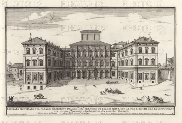 Facciata principale del Palazzo Barberino dell' ecc.mo sig.r prencipe di Pellestrina con li due fianchi che la conpongan, Palazzo Barberini in Rome, Il nuovo teatro di Roma moderna, Modern buildings in Rome, Il quarti libro del nuovo teatro delli palazzi in prospettiva di Roma moderna daton in luce sotto il felice pontificato de nostro signore papa Innocenzo Print is part of an album., printmaker: Alessandro Specchi, Italy, after drawing by Alessandro Specchi, publisher: Domenico de' Rossi, Rome, grantor of privilege: Innocent XII, Vatican City, dedicated by: Domenico de' Rossi, dedicated to: Clement XI, 1699, Alessandro Specchi, Domenico de' Rossi, Clement XI, printmaker, after drawing by, publisher, paper, etching, height 210 mm x width 331 mm, This print is part of a series of 52 prints depicting palaces in Rome. Together with four other series, it forms the large series: 'Il nuovo teatro di Roma moderna'., city-view, and landscape with man-made constructions, hotel, i.e. small pala...