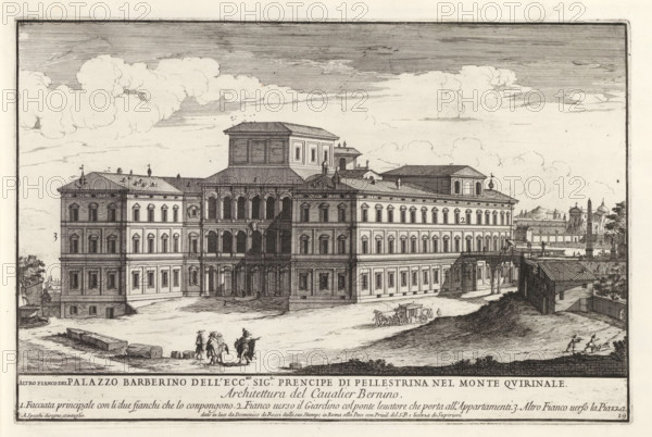 Altro fianco del Palazzo Barberino dell' ecc.mo sig.r prencipe di Pellestrina nel Monte Quirinale, Palazzo Barberini in Rome, Il nuovo teatro di Roma moderna, Modern buildings in Rome, Il quarti libro del nuovo teatro delli palazzi in prospettiva di Roma moderna daton in luce sotto il felice pontificato de nostro signore papa Innocenzo Print is part of an album., printmaker: Alessandro Specchi, Italy, after drawing by Alessandro Specchi, publisher: Domenico de' Rossi, Rome, grantor of privilege: Innocent XII, Vatican City, dedicated by: Domenico de' Rossi, dedicated to: Clement XI, 1699, Alessandro Specchi, Domenico de' Rossi, Clement XI, printmaker, after drawing by, publisher, paper, etching, height 213 mm x width 327 mm, This print is part of a series of 52 prints depicting palaces in Rome. Together with four other series, it forms the large series: 'Il nuovo teatro di Roma moderna'., city-view, and landscape with man-made constructions, hotel, i.e. small palace in city, Palazzo Bar...