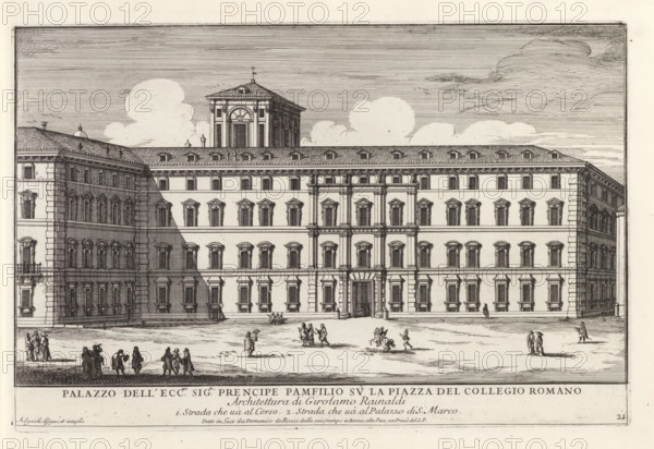 Palazzo Doria Pamphilj in Rome, Palazzo dell' ecc.mo sig.r prencipe Pamfilio su la Piazza del Collegio Roman, Modern buildings in Rome, Il quarti libro del nuovo teatro delli palazzi in prospettiva di Roma moderna daton in luce sotto il felice pontificato de nostro signore papa Innocenzo Print is part of an album., printmaker: Alessandro Specchi, Italy, after drawing by Alessandro Specchi, publisher: Domenico de' Rossi, Rome, grantor of privilege: Innocent XII, Vatican City, dedicated by: Domenico de' Rossi, dedicated to: Clement XI, 1699, Alessandro Specchi, Domenico de' Rossi, Clement XI, printmaker, after drawing by, publisher, paper, etching, height 215 mm x width 329 mm, This print is part of a series of 52 prints depicting palaces in Rome. Together with four other series, it forms the large series: 'Il nuovo teatro di Roma moderna'., city-view, and landscape with man-made constructions, hotel, i.e. small palace in city, Galleria Doria Pamphilj, A wide architectural engraving show...