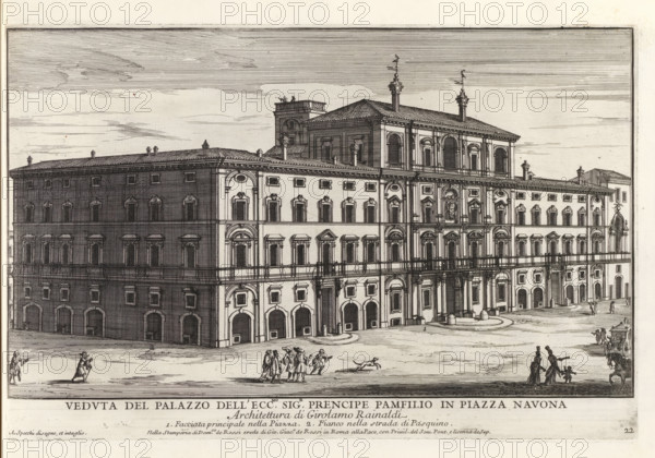 Palazzo Pamphilj in Rome, Veduta del Palazzo dell' ecc.mo sig.r prencipe Pamfilio in Piazza Navon, Il nuovo teatro di Roma moderna, Il quarti libro del nuovo teatro delli palazzi in prospettiva di Roma moderna daton in luce sotto il felice pontificato de nostro signore papa Innocenzo Print is part of an album., printmaker: Alessandro Specchi, Italy, after drawing by Alessandro Specchi, publisher: Domenico de' Rossi, Rome, grantor of privilege: Innocent XII, Vatican City, dedicated by: Domenico de' Rossi, dedicated to: Clement XI, 1699, Alessandro Specchi, Domenico de' Rossi, Clement XI, printmaker, after drawing by, publisher, paper, etching, height 218 mm x width 335 mm, This print is part of a series of 52 prints depicting palaces in Rome. Together with four other series, it forms the large series: 'Il nuovo teatro di Roma moderna'., city-view, and landscape with man-made constructions, hotel, i.e. small palace in city, Palazzo Pamphili, A detailed ink engraving of a large multi-stor...