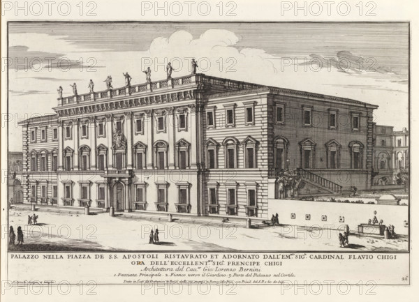 Palazzo nella Piazza de SS Apostoli ristaurato et adornato dall' em.mo sig.r cardinal Flavio Chig, Palazzo Chigi-Odescalchi in Rome, Modern buildings in Rome, Il quarti libro del nuovo teatro delli palazzi in prospettiva di Roma moderna daton in luce sotto il felice pontificato de nostro signore papa Innocenzo Print is part of an album., printmaker: Alessandro Specchi, Italy, after drawing by Alessandro Specchi, publisher: Domenico de' Rossi, Rome, grantor of privilege: Innocent XII, Vatican City, dedicated by: Domenico de' Rossi, dedicated to: Clement XI, 1699, Alessandro Specchi, Domenico de' Rossi, Clement XI, printmaker, after drawing by, publisher, paper, etching, height 217 mm x width 335 mm, This print is part of a series of 52 prints depicting palaces in Rome. Together with four other series, it forms the large series: 'Il nuovo teatro di Roma moderna'., city-view, and landscape with man-made constructions, hotel, i.e. small palace in city, Palazzo Chigi-Odescalchi, A wide engr...