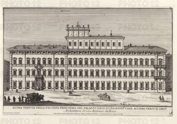 Altra veduta della facciata principale del Palazzo dell' eccellentis.ma casa Altieri, verso il Giesù..., Palazzo Altieri in Rome, Il quarti libro del nuovo teatro delli palazzi in prospettiva di Roma moderna daton in luce sotto il felice pontificato de nostro signore papa Innocenzo Print is part of an album., printmaker: Alessandro Specchi, Italy, after drawing by Alessandro Specchi, publisher: Domenico de' Rossi, Rome, grantor of privilege: Innocent XII, Vatican City, dedicated by: Domenico de' Rossi, dedicated to: Clement XI, 1699, Alessandro Specchi, Domenico de' Rossi, Clement XI, printmaker, after drawing by, publisher, paper, etching, height 211 mm x width 330 mm, This print is part of a series of 52 prints depicting palaces in Rome. Together with four other series, it forms the large series: 'Il nuovo teatro di Roma moderna'., city-view, and landscape with man-made constructions, hotel, i.e. small palace in city, Palazzo Altieri, A wide engraving of a large, multi-story classica...