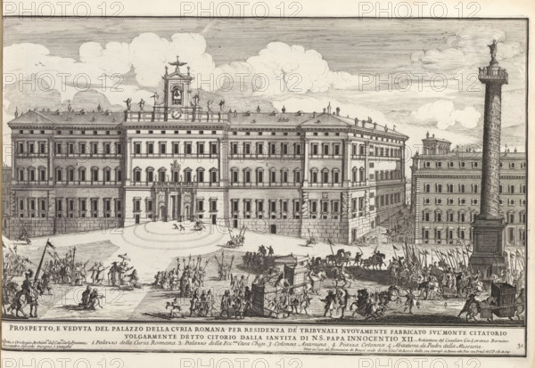 Prospetto, e veduta del palazzo della curia Romana per residenza de tribunali nuovamente fabricato sul' Monte Citatori, Palazzo Montecitorio in Rome, Il quarti libro del nuovo teatro delli palazzi in prospettiva di Roma moderna daton in luce sotto il felice pontificato de nostro signore papa Innocenzo Print is part of an album., printmaker: Alessandro Specchi, Italy, after drawing by Alessandro Specchi, publisher: Domenico de' Rossi, Rome, grantor of privilege: Innocent XII, Vatican City, dedicated by: Domenico de' Rossi, dedicated to: Clement XI, 1699, Alessandro Specchi, Domenico de' Rossi, Clement XI, printmaker, after drawing by, publisher, paper, etching, height 244 mm x width 380 mm, This print is part of a series of 52 prints depicting palaces in Rome. Together with four other series, it forms the large series: 'Il nuovo teatro di Roma moderna'., city-view, and landscape with man-made constructions, hotel, i.e. small palace in city, Palazzo Montecitorio, A wide view shows a larg...