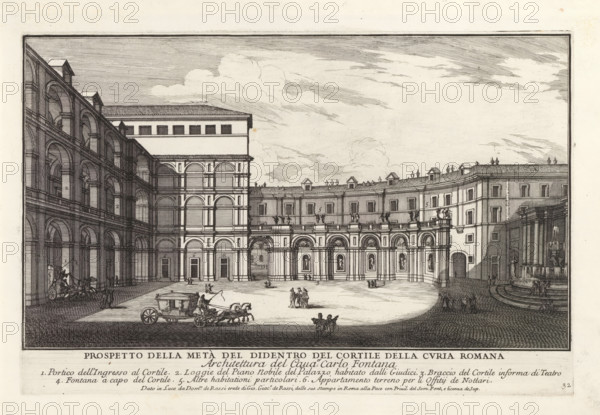 Prospetto della metà del didentro del cortile della curia Roman, Courtyard of Palazzo Montecitorio in Rome, Il nuovo teatro di Roma moderna, Il quarti libro del nuovo teatro delli palazzi in prospettiva di Roma moderna daton in luce sotto il felice pontificato de nostro signore papa Innocenzo Print is part of an album., printmaker: Alessandro Specchi, Italy, publisher: Domenico de' Rossi, Rome, grantor of privilege: Innocent XII, Vatican City, dedicated by: Domenico de' Rossi, dedicated to: Clement XI, 1699, Domenico de' Rossi, Innocent XII, Clement XI, printmaker, after drawing by, publisher, grantor of privilege, paper, etching, height 218 mm x width 330 mm, This print is part of a series of 52 prints depicting palaces in Rome. Together with four other series, it forms the large series: 'Il nuovo teatro di Roma moderna'., city-view, and landscape with man-made constructions, hôtel, i.e. small palace in city, inner court of palace or 'hôtel', Palazzo Montecitorio, A large engraved arc...