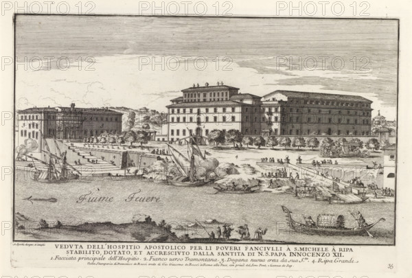 Veduta dell'hospitio apostolico per li poveri fanciulli à S. michele à Rip, Ospizio di San Michele a Ripa Grande in Rome, Modern buildings in Rome, Il quarti libro del nuovo teatro delli palazzi in prospettiva di Roma moderna daton in luce sotto il felice pontificato de nostro signore papa Innocenzo Title and an explanatory list of numbers in the bottom margin. Print is part of an album., printmaker: Alessandro Specchi, Italy, after drawing by Alessandro Specchi, publisher: Domenico de' Rossi, Rome, grantor of privilege: Innocent XII, Vatican City, dedicated by: Domenico de' Rossi, dedicated to: Clement XI, 1699, Alessandro Specchi, Domenico de' Rossi, Clement XI, printmaker, after drawing by, publisher, paper, etching, height 219 mm x width 330 mm, This print is part of a series of 52 prints depicting palaces in Rome. Together with four other series it forms the large series: 'Il nuovo teatro di Roma moderna'., harbour, river, hospital, city-view, and landscape with man-made construct...