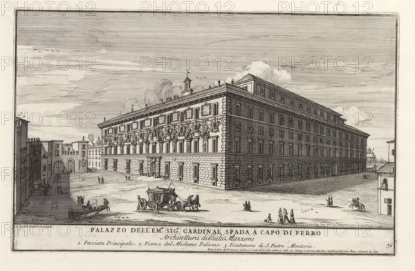 Palazzo dell' em.mo sig.r cardinal Spada a Capo di Ferr, Palazzo Spada te Rome, Il quarti libro del nuovo teatro delli palazzi in prospettiva di Roma moderna daton in luce sotto il felice pontificato de nostro signore papa Innocenzo XI, (libro quarto), Modern buildings in Rome, Il nuovo teatro di Roma moderna, print, album page, Series number, 36, 52, Title and an explanatory list of numbers in the bottom margin. Print is part of an album., printmaker: Alessandro Specchi, Italy, after drawing by Alessandro Specchi, publisher: Domenico de' Rossi, Rome, grantor of privilege: Innocent XII, Vatican City, dedicated by: Domenico de' Rossi, dedicated to: Clement XI, 1699, Alessandro Specchi, Domenico de' Rossi, Clement XI, printmaker, after drawing by, publisher, paper, etching, height 208 mm x width 330 mm, This print is part of a series of 52 prints depicting palaces in Rome. Together with four other series, it forms the large series: 'Il nuovo teatro di Roma moderna'., city-view, and lands...