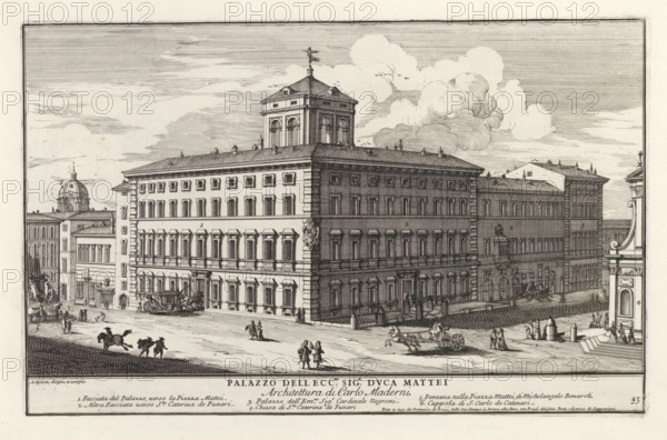 Palazzo Mattei in Rome, Palazzo dell ecc.mo sig.r duca Mattei, Modern buildings in Rome, Il nuovo teatro di Roma moderna, Il quarti libro del nuovo teatro delli palazzi in prospettiva di Roma moderna daton in luce sotto il felice pontificato de nostro signore papa Innocenzo Print is part of an album., printmaker: Alessandro Specchi, Italy, publisher: Domenico de' Rossi, Rome, grantor of privilege: Innocent XII, Vatican City, dedicated by: Domenico de' Rossi, dedicated to: Clement XI, 1699, Domenico de' Rossi, Innocent XII, Clement XI, printmaker, after drawing by, publisher, grantor of privilege, paper, etching, height 208 mm x width 327 mm, This print is part of a series of 52 prints depicting palaces in Rome. Together with four other series, it forms the large series: 'Il nuovo teatro di Roma moderna'., city-view, and landscape with man-made constructions, hotel, i.e. small palace in city, Palazzo Mattei, A large classical building with many rectangular windows and decorative window ...