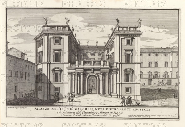 Palazzo Muti te Rome, Palazzo dell' ill.mo sig.r marchese Muti dietro Santi Apostol, Il nuovo teatro di Roma moderna, Il quarti libro del nuovo teatro delli palazzi in prospettiva di Roma moderna daton in luce sotto il felice pontificato de nostro signore papa Innocenzo Print is part of an album., printmaker: Alessandro Specchi, Italy, after drawing by Alessandro Specchi, publisher: Domenico de' Rossi, Rome, grantor of privilege: Innocent XII, Vatican City, dedicated by: Domenico de' Rossi, dedicated to: Clement XI, 1699, Alessandro Specchi, Domenico de' Rossi, Clement XI, printmaker, after drawing by, publisher, paper, etching, height 210 mm x width 330 mm, This print is part of a series of 52 prints depicting palaces in Rome. Together with four other series, it forms the large series: 'Il nuovo teatro di Roma moderna'., city-view, and landscape with man-made constructions, hotel, i.e. small palace in city, Palazzo Muti, A detailed architectural engraving of a grand building facade wi...