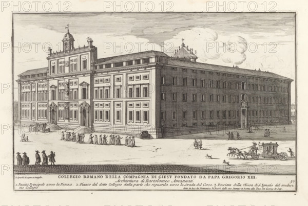 Collegio Romano della compagnia di Giesu fondato da papa Gregorio XI, (libro quarto), Modern buildings in Rome, Il nuovo teatro di Roma moderna, print, album page, Series number, 50, 52, Title and a list of explanatory numbers in the bottom margin. Print is part of an album., printmaker: Alessandro Specchi, Italy, publisher: Domenico de' Rossi, Rome, grantor of privilege: Innocent XII, Vatican City, dedicated by: Domenico de' Rossi, dedicated to: Clement XI, 1699, Domenico de' Rossi, Innocent XII, Clement XI, printmaker, after drawing by, publisher, grantor of privilege, paper, etching, height 210 mm x width 326 mm, This print is part of a series of 52 prints depicting palaces in Rome. Together with four other series, it forms the large series: 'Il nuovo teatro di Roma moderna'., city-view, and landscape with man-made constructions, university building, college, Collegio Romano, A wide architectural engraving shows a large rectangular building with a detailed façade, rows of windows, d...