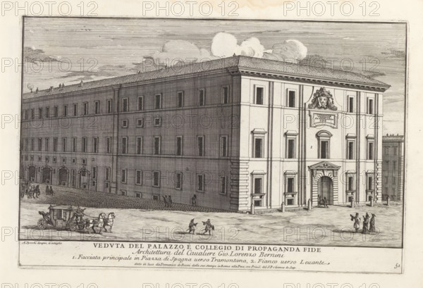 Collegio de Propaganda Fide in Rome, Veduta del Palazzo è collegio di propaganda fid, Modern buildings in Rome, Il nuovo teatro di Roma moderna, Il quarti libro del nuovo teatro delli palazzi in prospettiva di Roma moderna daton in luce sotto il felice pontificato de nostro signore papa Innocenzo Print is part of an album., printmaker: Alessandro Specchi, Italy, publisher: Domenico de' Rossi, Rome, grantor of privilege: Innocent XII, Vatican City, dedicated by: Domenico de' Rossi, dedicated to: Clement XI, 1699, Domenico de' Rossi, Innocent XII, Clement XI, printmaker, after drawing by, publisher, grantor of privilege, paper, etching, height 215 mm x width 327 mm, This print is part of a series of 52 prints depicting palaces in Rome. Together with four other series, it forms the large series: 'Il nuovo teatro di Roma moderna'., city-view, and landscape with man-made constructions, hotel, i.e. small palace in city, Collegio de Propaganda Fide, A wide etching of a large rectangular build...