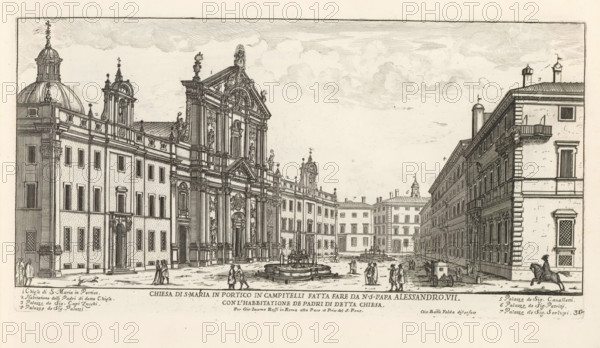 Santa Maria in Campitelli in Rome, Chiesa di S. Maria in Portico in Campitell, Il nuovo teatro di Roma moderna, Modern buildings in Rome, Il nuovo teatro delle fabriche, et edificii, in prospettiva di Rome Modern, (libro primo), print, album page, Series number, 32, 35, Title and a glossary of numbers in the bottom margin. Print is part of an album., printmaker: Giovanni Battista Falda, Italy, publisher: Giovanni Giacomo de' Rossi, Rome, grantor of privilege: Alexander VII, Vatican City, dedicated by: Giovanni Giacomo de' Rossi, dedicated to: Alexander VII, 1665, Giovanni Giacomo de' Rossi, Alexander VII, printmaker, after drawing by, publisher, grantor of privilege, paper, etching, height 176 mm x width 339 mm, This print is part of a series of 35 prints depicting buildings in Rome. Together with four other series, it forms the large series: 'Il nuovo teatro di Roma moderna'., square, circus, church (exterior), city-view, and landscape with man-made constructions, Santa Maria in Campi...