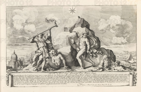 Allegory of the Chigi family and a dedication to Mario Chigi, Il secondo libro del novo teatro delle fabriche, et edificii, fatte fare in Roma, e fuori di Roma dalla santita di nostro signore papa Alessandro VI, (libro secondo), Il nuovo teatro di Roma moderna, Modern buildings in Rome, print, album page, An allegorical representation with a rock surmounted by a star, the elements from the coat of arms of the Chigi family, the family of Pope Alexander VII. Various allegorical figures are standing and sitting in front of the rock. In the background, a view of various buildings in Rome. Below, a banner with a dedication to Mario Chigi. Print is part of an album., printmaker: Giovanni Francesco Venturini, Italy, publisher: Giovanni Giacomo de' Rossi, Rome, grantor of privilege: Alexander VII, Vatican City, dedicated by: Giovanni Giacomo de' Rossi, dedicated to: Mario Chigi, 1665 - 1667, Giovanni Giacomo de' Rossi, Alexander VII, Mario Chigi, printmaker, publisher, grantor of privilege, pa...
