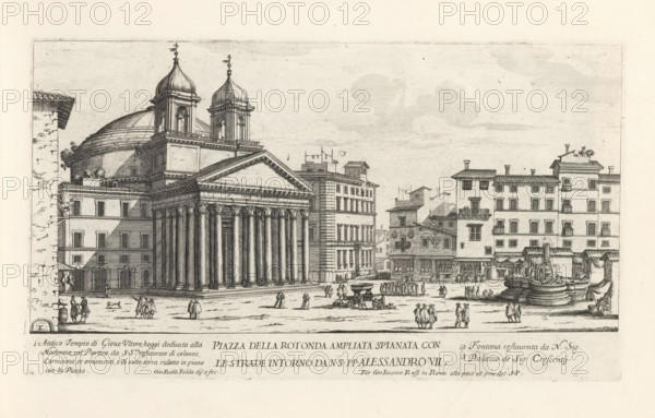 Piazza della Rotonda and the Pantheon in Rome, Piazza della Rotonda ampliata spianata con le strade intorno da NS pp. Alessandro VII, Modern buildings in Rome, Il secondo libro del novo teatro delle fabriche, et edificii, fatte fare in Roma, e fuori di Roma dalla santita di nostro signore papa Alessandro VI, (libro secondo), Il nuovo teatro di Roma moderna, print, album page, Title and an explanatory list of numbers in the bottom margin. Print is part of an album., printmaker: Giovanni Battista Falda, Italy, publisher: Giovanni Giacomo de' Rossi, Rome, grantor of privilege: Alexander VII, Vatican City, dedicated by: Giovanni Giacomo de' Rossi, dedicated to: Mario Chigi, 1665 - 1667, Giovanni Giacomo de' Rossi, Alexander VII, Mario Chigi, printmaker, after drawing by, publisher, grantor of privilege, paper, etching, height 179 mm x width 312 mm, This print is part of a series of 17 prints depicting buildings in Rome. Together with four other series, it forms the large series: 'Il nuovo ...