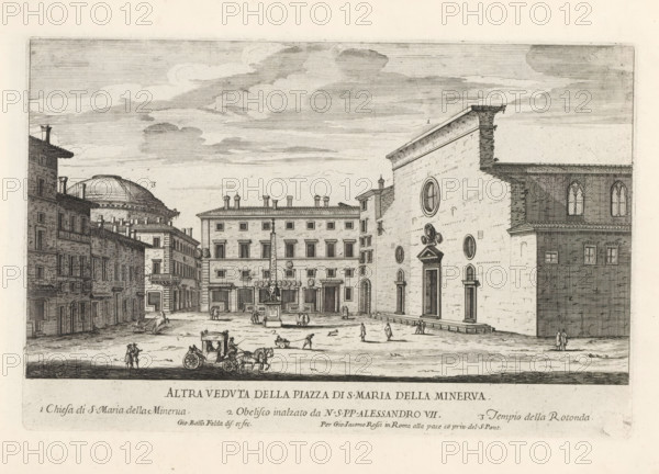 Piazza della Minerva and the church of Santa Maria sopra Minerva in Rome, Altre veduta della Piazza di S. Maria della Minerva, Il nuovo teatro di Roma moderna, Modern buildings in Rome, Il secondo libro del novo teatro delle fabriche, et edificii, fatte fare in Roma, e fuori di Roma dalla santita di nostro signore papa Alessandro VI, (libro secondo), print, album page, Title and an explanatory list of numbers in the bottom margin. Print is part of an album., printmaker: Giovanni Battista Falda, Italy, publisher: Giovanni Giacomo de' Rossi, Rome, grantor of privilege: Alexander VII, Vatican City, dedicated by: Giovanni Giacomo de' Rossi, dedicated to: Mario Chigi, 1665 - 1667, Giovanni Giacomo de' Rossi, Alexander VII, Mario Chigi, printmaker, after drawing by, publisher, grantor of privilege, paper, etching, height 189 mm x width 292 mm, This print is part of a series of 17 prints depicting buildings in Rome. Together with four other series, it forms the large series: 'Il nuovo teatro ...