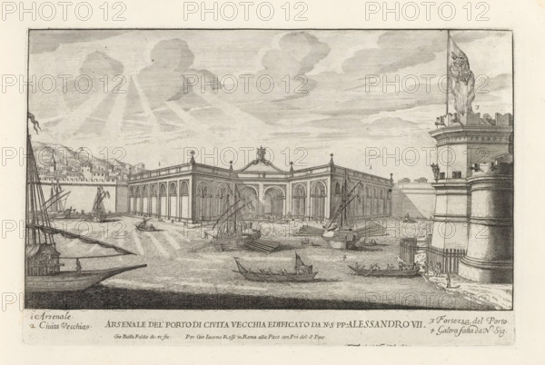 Arsenale del' Porto di Civita Vecchia edificato da NS pp. Alessandro VII, Port of Civitavecchia, Il secondo libro del novo teatro delle fabriche, et edificii, fatte fare in Roma, e fuori di Roma dalla santita di nostro signore papa Alessandro VI, (libro secondo), Il nuovo teatro di Roma moderna, Modern buildings in Rome, print, album page, Title and an explanatory list of numbers in the bottom margin. Print is part of an album., printmaker: Giovanni Battista Falda, Italy, after drawing by Giovanni Battista Falda, publisher: Giovanni Giacomo de' Rossi, Rome, grantor of privilege: Alexander VII, Vatican City, dedicated by: Giovanni Giacomo de' Rossi, dedicated to: Mario Chigi, 1665 - 1667, Giovanni Battista Falda, Giovanni Giacomo de' Rossi, Mario Chigi, printmaker, after drawing by, publisher, paper, etching, height 189 mm x width 294 mm, This print is part of a series of 17 prints depicting buildings in Rome. Together with four other series, it forms the large series: 'Il nuovo teatro ...