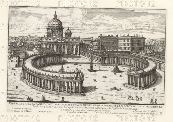 St. Peter's Basilica and St. Peter's Square in Vatican City, Veduta di tutta la Basilica Vatican, Il terzo libro del'novo teatro delle chiese di Roma date in luce sotto il felice pontificato di nostro signore papa Clemente IX... (libro terzo), Il nuovo teatro di Roma moderna, Modern buildings in Rome, print, album page, Series number, 3, 38, Title and an explanatory list of numbers in the lower margin. Print is part of an album., printmaker: Giovanni Battista Falda, Italy, after drawing by Giovanni Battista Falda, publisher: Giovanni Giacomo de' Rossi, Rome, grantor of privilege: Clement IX, Vatican City, dedicated by: Giovanni Giacomo de' Rossi, dedicated to: Clement IX, 1669 - 1670, Giovanni Battista Falda, Giovanni Giacomo de' Rossi, printmaker, after drawing by, publisher, paper, etching, height 199 mm x width 294 mm, This title print is part of a series of 38 prints depicting churches in Rome. Together with four other series, it forms the large series: 'Il nuovo teatro di Roma mod...