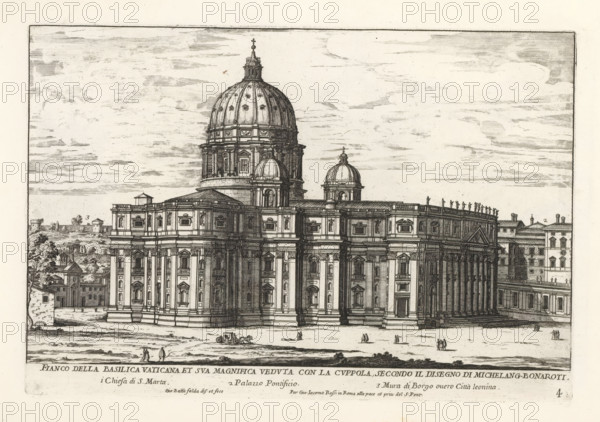 St. Peter's Basilica in the Vatican City, Fianco della Basilica Vaticana et sua magnifica veduta con la cuppol, Il terzo libro del'novo teatro delle chiese di Roma date in luce sotto il felice pontificato di nostro signore papa Clemente IX... (libro terzo), Il nuovo teatro di Roma moderna, Modern buildings in Rome, print, album page, Series number, 4, 38, Title and an explanatory list of numbers in the bottom margin. Print is part of an album., printmaker: Giovanni Battista Falda, Italy, publisher: Giovanni Giacomo de' Rossi, Rome, grantor of privilege: Clement IX, Vatican City, dedicated by: Giovanni Giacomo de' Rossi, dedicated to: Clement IX, 1669 - 1670, Giovanni Giacomo de' Rossi, Clement IX, printmaker, after drawing by, publisher, grantor of privilege, paper, etching, height 199 mm x width 292 mm, This title print is part of a series of 38 prints depicting churches in Rome. Together with four other series, it forms the large series: 'Il nuovo teatro di Roma moderna'., church (ex...