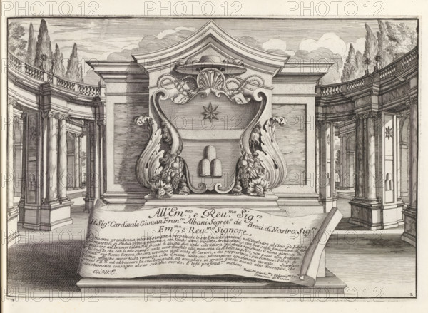 Ornamental coat of arms with coat of arms of Cardinal Giovanni Francesco Albani, the later Pope Clement XI, (libro quarto), Moderne gebouwen te Rome, Il nuovo teatro di Roma moderna, print, albumblad, Series number, 2, 52, Ornamenteel wapenschild met wapen van kardinaal Giovanni Francesco Albani, de latere paus Clemens XI. under a banderole with dedication. Print is part of an album., printmaker: Alessandro Specchi, Italy, publisher: Domenico de' Rossi, Rome, grantor of privilege: Innocent XII, Vatican City, dedicated by: Domenico de' Rossi, dedicated to: Clement XI, 1699, Domenico de' Rossi, Innocent XII, Clement XI, printmaker, after drawing by, publisher, grantor of privilege, paper, etching, height 228 mm x width 333 mm, This print is part of a series of 52 prints depicting palaces in Rome. Together with four other series, it forms the large series: 'Il nuovo teatro di Roma moderna'., coat of arms (symbol of sovereignty), A detailed engraved architectural scene shows a large ornate...