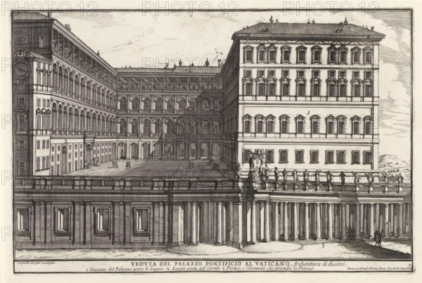 Apostolic Palace in Vatican City, Veduta del Palazzo Pontificio al Vaticano, Il nuovo teatro di Roma moderna, Il quarti libro del nuovo teatro delli palazzi in prospettiva di Roma moderna daton in luce sotto il felice pontificato de nostro signore papa Innocenzo Print is part of an album., printmaker: Alessandro Specchi, Italy, publisher: Domenico de' Rossi, Rome, grantor of privilege: Innocent XII, Vatican City, dedicated by: Domenico de' Rossi, dedicated to: Clement XI, 1699, Domenico de' Rossi, Innocent XII, Clement XI, printmaker, after drawing by, publisher, grantor of privilege, paper, etching, height 215 mm x width 327 mm, This print is part of a series of 52 prints depicting palaces in Rome. Together with four other series, it forms the large series: 'Il nuovo teatro di Roma moderna'., palace, Apostolic Palace, A detailed black and white architectural engraving of a large multi-story palace with colonnades and an open courtyard viewed from an oblique angle, showing rows of arch...