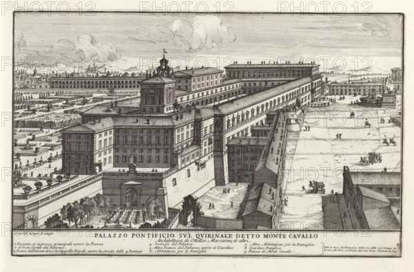 Palazzo Pontificio su'l Quirinale detto Monte Cavallo, Palazzo del Quirinale te Rome, Il quarti libro del nuovo teatro delli palazzi in prospettiva di Roma moderna daton in luce sotto il felice pontificato de nostro signore papa Innocenzo XI, (libro quarto), Modern buildings in Rome, Il nuovo teatro di Roma moderna, print, album page, Series number, 4, 52, Title and an explanatory list of numbers in the bottom margin. Print is part of an album., printmaker: Alessandro Specchi, Italy, after drawing by Alessandro Specchi, publisher: Domenico de' Rossi, Rome, grantor of privilege: Innocent XII, Vatican City, dedicated by: Domenico de' Rossi, dedicated to: Clement XI, 1699, Alessandro Specchi, Domenico de' Rossi, Clement XI, printmaker, after drawing by, publisher, paper, etching, height 208 mm x width 333 mm, This print is part of a series of 52 prints depicting palaces in Rome. Together with four other series, it forms the large series: 'Il nuovo teatro di Roma moderna'., palace, Palazzo...