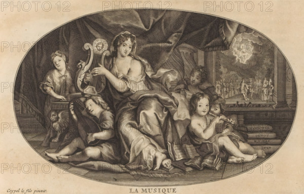 Music, La Musique, Le Cabinet des Beaux Arts, ou Recueil Des Plus Belles Estampes, engraved after the Original Tableaux, print, album page, Ceiling piece with the personification of Music playing the lyre. Also the portrait of Madame de Maintenon, second wife and mistress of Louis XIV. Surrounding her children playing the flute, lute, and harpsichord. On the right, the stage of an opera. Print is part of an album., Paris, after print by Gerard Edelinck, after painting by Antoine Coypel, publisher: Gerard Edelinck, 1695, printmaker, after print by, paper, etching, engraving, etching and engraving, height 161 mm x width 256 mm, Person, Madame de Maintenon, 'Musica', symbolic representations, allegories and emblems, (decorated) ceiling, An oval engraving shows a seated woman draped in flowing fabric holding a lyre with a decorative face at its top, surrounded by several children and young figures; one child reclines playing a small stringed instrument, two children sit close together with...