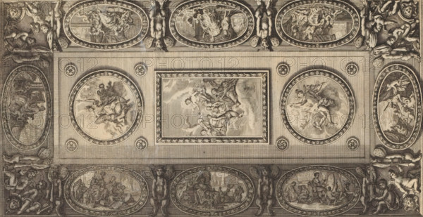 Ceiling piece with Apollo, Minerva and Mercury and the personifications of the liberal arts, Le Cabinet des Beaux Arts, ou Recueil Des Plus Belles Estampes, gravées d'aprés les Tableaux Originaux, print, album page, Minerva and Mercury and the personifications of the liberal arts. Print is part of an album., after print by Juan Dolívar, after drawing by Juan Dolívar, publisher: Gerard Edelinck, Paris, 1695, Juan Dolívar, Gerard Edelinck, printmaker, after print by, after drawing by, publisher, paper, etching, height 265 mm x width 149 mm, (decorated) ceiling, Apollo and the Muses, Apollo Musagetes, A rectangular ceiling panel with a central rectangular painting framed by ornate borders is surrounded by circular and oval medallions each containing classical-style scenes of human figures and cherubs rendered in fine monochrome engraving; winged cherubim and reclining putti appear at the corners and along the sides, some holding drapery or musical instruments, while standing male figures ...