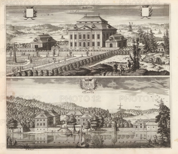 View of the Kärsö house and the mansion Malmvik, Kiersöö, Malmwiik, Suecia Antiqua et Hodierna, print, album page, printmaker: Erik Reitz, supervision: Erik Jönssen Dahlberg, 1695, paper, etching, height 290 mm x width 331 mm, garden, housing, Ekerö, Herenhuis Malmvik, Huis Kärsö, An engraved scene showing a formal estate with a large central mansion flanked by smaller pavilions, surrounded by fences and ornamental gardens with patterned parterres and a circular fountain or obelisk feature, pathways, and scattered statues; figures walk and stand in the garden while carriages, a wagon, and a group of mounted and walking people travel along a dirt road lined with trees and shrubbery in the foreground; beyond the estate a body of water contains several sailing boats and a shoreline with rolling hills, windmills, and scattered trees; the sky above is filled with horizontal shading and small flocks of birds; a decorative coat of arms appears between the two main horizontal sections of the p...