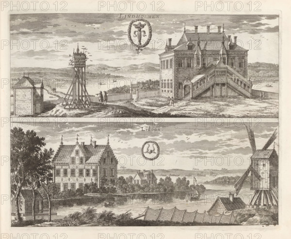 Lindholmen, Lidöön, View of the Lindholmen mansion and the Lidö house, Suecia Antiqua et Hodierna, print, album page, printmaker: Nicolas Perelle, supervision: Erik Jönssen Dahlberg, 1670 - 1674, paper, etching, height 266 mm x width 331 mm, garden, housing, Norrtälje, Herenhuis Lindholmen, Vallentuna, Herenhuis Lidö, A wide engraved scene depicting two horizontal panels stacked vertically, each showing waterfront views with buildings and landscape; the upper panel shows a large multi-story building with a steep roof, decorative chimneys, a prominent exterior staircase with balustrades leading to an arched doorway, circular and rectangular windows, and a fenced yard extending toward a body of water where small boats are visible, a tall wooden tower-like structure on a lattice base stands nearby, groups of small human figures in period clothing are scattered on the grounds, and distant hills form the background beneath a clouded sky; the lower panel shows a riverside mansion with multip...