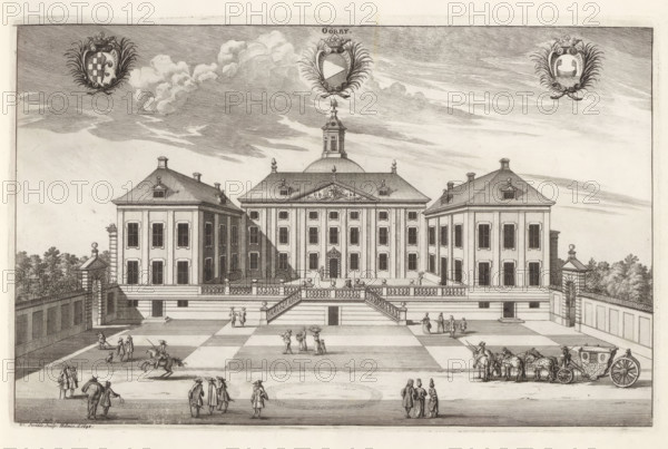 View of the renovated castle Örbyhus, Öörby, Suecia Antiqua et Hodierna, print, album page, printmaker: Willem Swidde, Stockholm, supervision: Erik Jönssen Dahlberg, 1694, paper, etching, height 217 mm x width 340 mm, palace, Tierp, Slot Örbyhus, An engraved view shows a large formal building with a central domed section flanked by symmetrical rectangular wings, each wing featuring rows of tall windows and a steep hipped roof with small dormers; a pedimented central entrance with columns sits above a broad terrace accessed by symmetrical staircases, and decorative balustrades line the terrace edge. In front of the building a paved forecourt displays small groups of people in period dress walking and conversing, some on foot and some on horseback, and a horse-drawn enclosed carriage stands at one side. The scene includes low boundary walls and gate structures at the sides, a distant line of trees beyond the walls, and a sky filled with etched clouds and three ornamental cartouches near ...