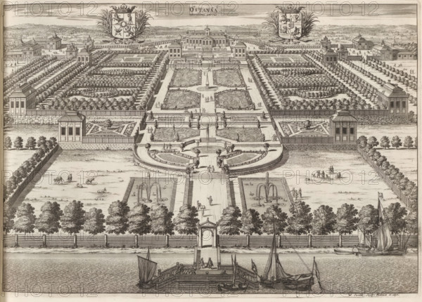 Östanåå meridiem versus, View of the Östanå mansion and the garden, from the south, Suecia Antiqua et Hodierna, print, album page, printmaker: Willem Swidde, Stockholm, supervision: Erik Jönssen Dahlberg, 1694, paper, etching, height 266 mm x width 383 mm, garden, housing, Herenhuis Östanå, A wide engraved view of a formal garden and estate seen from the water, showing a docked barge and several sailing boats in the foreground, a stepped promenade leading to an ornate arched gateway, a broad central avenue flanked by rows of trees and rectangular water basins with fountains, symmetrical parterres with intricate patterned plantings and low balustrades, groups of small human figures walking or standing throughout the terraces, obelisk and statues within the central axis, long hedged alleys and avenues stretching toward a grand mansion on a raised terrace, numerous pavilions and walled garden compartments on either side, formal clipped trees and geometric planting beds, a distant hilly la...