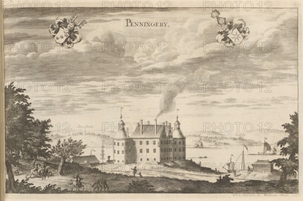 Penningeby, View of the castle Penningby, Suecia Antiqua et Hodierna, print, album page, printmaker: Johannes Jacobsz van den Aveele, Stockholm, supervision: Erik Jönssen Dahlberg, 1709, paper, etching, height 226 mm x width 350 mm, housing, Norrtälje, Slot Penningeby, A large waterside building with rounded corner towers and a steep roof sits near a shoreline, emitting a plume of smoke from a central chimney; small sailing vessels and rowboats are on the water nearby, and a dock with a small boathouse is visible; trees and wooded areas frame the scene on both sides, with groups of people and riders on horseback on a foreground path; the sky above is filled with layered, textured clouds and decorative heraldic shields with ornate mantling near the top edge.