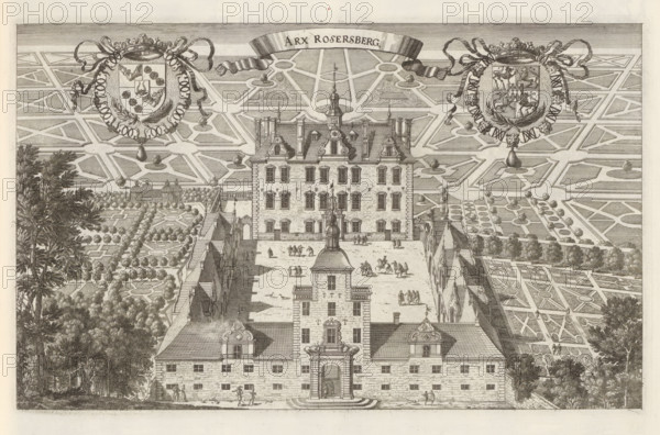 View of Rosersberg Castle, Arx Rosersberg, Suecia Antiqua et Hodierna, print, album page, printmaker: Nicolas Perelle, supervision: Erik Jönssen Dahlberg, 1670 - 1674, paper, etching, height 212 mm x width 343 mm, housing, Sigtuna, Slot Rosersberg, A detailed engraved view of a large formal building seen from above with a central courtyard and flanking wings, the façade showing multiple windows, decorative gables, and a central arched entrance with steps. The courtyard contains small groups of people and a rider on horseback, and a tall ornamental cupola or tower rises near the middle of the composition. Symmetrical parterre gardens and patterned walkways extend behind the building, with geometric beds, clipped trees, and circular planting areas. Two ornate heraldic shields with ribbons and crowns are positioned in the upper corners, and a ribbon-like banner arches across the top. Dense clusters of trees frame the scene at the left and right edges, and rows of smaller buildings or pavi...