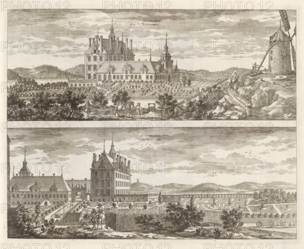 View of Rosersberg Castle, from the east and the west, Roosersberg Orientem versus, Roosersberg Occidentem versus, Suecia Antiqua et Hodierna, print, album page, printmaker: Adam Perelle, supervision: Erik Jönssen Dahlberg, 1670 - 1674, paper, etching, height 276 mm x width 345 mm, housing, Sigtuna, Rosersberg Castle, An engraved scene showing a large ornate building with steep roofs, decorative gables, and tall chimneys, set behind formal gardens with geometric parterres and rows of trees; in front of the building there are figures and animals on pathways, including people walking and a person leading a horse; to the right a rocky slope rises to a stone windmill with visible sails and scattered milling equipment nearby; the background shows rolling wooded hills and a textured sky with scattered clouds and flocks of birds.