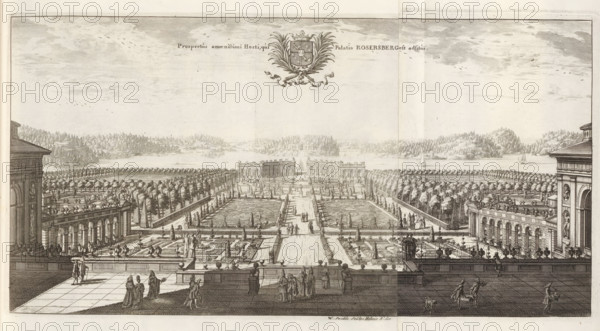 View of the garden from Rosersberg Castle, Prospectus amoenissimi Horti, qui Palatio Rosersberg est adsitus, Suecia Antiqua et Hodierna, print, album page, printmaker: Willem Swidde, Stockholm, supervision: Erik Jönssen Dahlberg, 1695, paper, etching, etching in two parts, folded, height 215 mm x width 420 mm, garden, housing, Sigtuna, Slot Rosersberg, A wide engraved view shows a formal garden seen from a terrace with balustrades, ornamental vases, and groups of people walking and standing; the terrace leads down to symmetrical parterres with patterned plantings, pathways, statues, and rows of trimmed trees extending toward a distant waterfront; flanking the central axis are colonnaded pavilions and long buildings with arched openings and sculptural reliefs, while in the background wooded hills and small sailing boats are visible on the water; the sky above contains scattered clouds and flocks of birds, and an ornate heraldic cartouche with foliage appears near the top center.