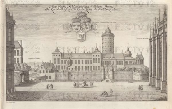 Arx Regia Holmensis qua Urbem spectat, Das Konigl Schloss zu Stockholm kegen der Stadt anzusehen, View of Tre Kronor Castle in Stockholm, on the city side, Suecia Antiqua et Hodierna, print, album page, printmaker: Jean Marot (I), France, supervision: Erik Jönssen Dahlberg, 1667, paper, etching, height 243 mm x width 381 mm, castle, Sweden, Stockholm, Södermalm, Gamla stan, Slot Tre Kronor, A wide engraved view of a city foregrounded by a large open square with scattered small groups of people walking and a few figures on horseback, framed on the left and right by tall, ornate building facades with windows and vertical architectural details, and centered on a fortified building complex with a high wall, an ornate gated entrance flanked by round towers, and a long multiwindowed palace-like structure behind the wall topped by domes, cupolas, pinnacles, and a tall cylindrical tower with rows of small windows; above the complex a decorative coat of arms with crowns and ribbon elements floa...