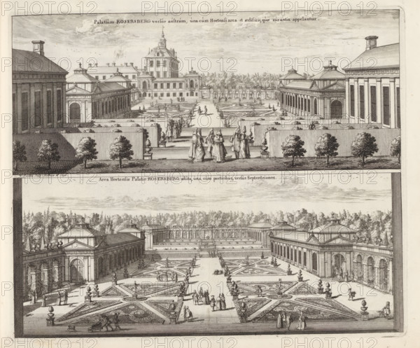 View of Rosersberg Castle and the garden from the south and the view of the garden on the north side, Palatium Rosersberg versus austrum, una cum Hortensi area et aedificii, quae aurantia appelantur, Area Hortensis Palatio Rosersberg adsita, una cum porticibus, versus Septentrionem, Suecia Antiqua et Hodierna, print, album page, printmaker: Willem Swidde, Stockholm, supervision: Erik Jönssen Dahlberg, 1696, paper, etching, height 279 mm x width 337 mm, garden, housing, Sigtuna, Rosersberg Castle, A wide engraved view of a formal garden framed by large classical buildings on either side and a central palace in the distance, with geometric parterre beds patterned with ornate designs and bordered by low hedges and pathways; urns and sculptural pedestals line the garden edges and central walk, and numerous small human figures in period dress stroll, converse, and gather on the main axis and side paths; clipped hedges and rows of small trees form terraces leading down to the parterres, whil...