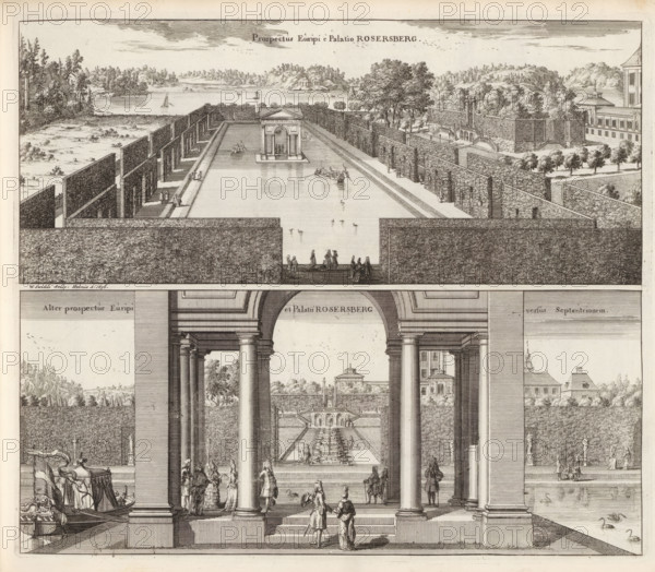 Prospectus Euripi e Palatio Rosersberg, Alter prospectus Euripi et Palatii Rosersberg versus Septentrionem, View of the moat of Rosersberg Castle, Suecia Antiqua et Hodierna, print, album page, printmaker: Willem Swidde, Stockholm, supervision: Erik Jönssen Dahlberg, 1696, paper, etching, height 287 mm x width 336 mm, garden, housing, Sigtuna, Rosersberg Castle, A detailed engraved scene showing a grand architectural colonnade opening onto a long formal garden with a central reflecting pool and terraces, flanked by high trimmed hedges and walls, with small sculpted figures standing and walking along the steps and pathways; boats are moored at the water's edge and swans glide in the pool, while distant trees, a shoreline with sailing boats, and pavilion-like buildings appear beyond the garden; intricate carved architectural details, statues, and groups of people in period dress are visible in the foreground and middle ground.