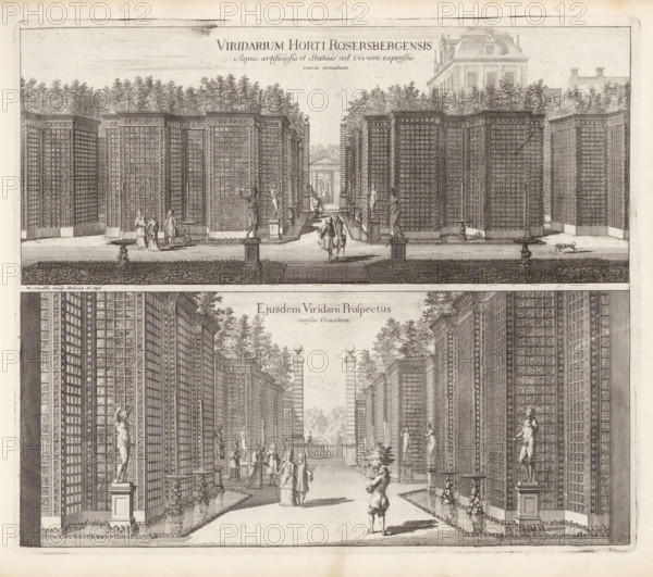 Greenhouses in the garden of Rosersberg Castle, Viridarium Horti Rosersbergensis Aquis artificiosis et Statuis ad vivum expressis varie ornatum, Ejusdem Viridarii Prospectus versus Orientem, Suecia Antiqua et Hodierna, print, album page, printmaker: Willem Swidde, Stockholm, supervision: Erik Jönssen Dahlberg, 1696, paper, etching, height 286 mm x width 334 mm, housing, greenhouse, orangery, Sigtuna, Rosersberg Castle, A detailed engraved view shows a formal garden avenue flanked by tall, lattice-patterned walls and trellis structures with ornamental cornices, interspersed with classical statues on pedestals and small planted shrubs at their bases; a central pathway runs between the rows leading toward a distant pavilion with architectural detailing, framed by pairs of columned gateposts topped with spherical finials, and behind the trellises are densely rendered trees and a multi-story building with a steep roof; along the avenue are groups of figures dressed in period clothing, some ...