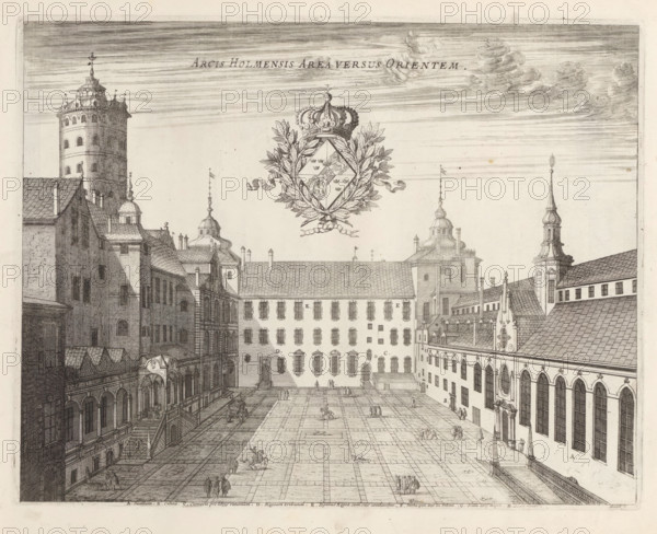 Arcis Holmensis Area Versus Orientem, Courtyard of Tre Kronor Castle, from the east, Suecia Antiqua et Hodierna, print, album page, printmaker: Jean Marot (I), France, supervision: Erik Jönssen Dahlberg, 1670, paper, etching, height 260 mm x width 334 mm, castle, Sweden, Stockholm, Södermalm, Gamla stan, Tre Kronor Castle, A wide engraving shows an open paved courtyard flanked by large multi-story buildings with rows of windows and steep roofs; on the left a tall cylindrical tower with small arched openings rises above adjacent buildings, and several domed and spired rooftop structures punctuate the skyline; the central building facade has evenly spaced windows and a row of small chimneys along the roof, while ornate architectural details and arched colonnades appear along the sides; in the courtyard small groups of tiny human figures are scattered, some walking and some standing, with a few horse-drawn carts and animals visible; above the scene a decorative crowned laurel wreath emble...