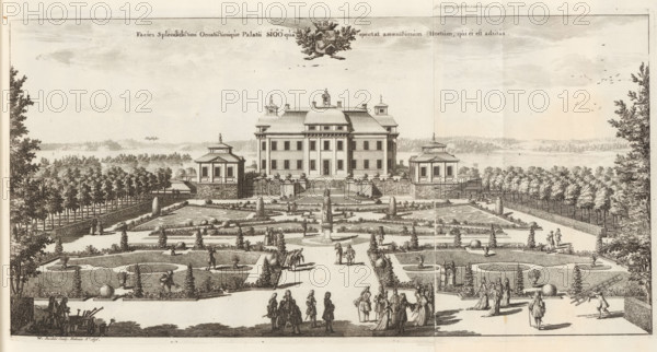 View of Sjöö Castle on the garden side, Facies Splendidissimi Ornatissimique Palatii Siöö qua spectat amoenissimum Hortum, qui ei est adsitus, Suecia Antiqua et Hodierna, print, album page, print maker: Willem Swidde, Stockholm, supervision: Erik Jönssen Dahlberg, 1696, printmaker, paper, etching, etching in two parts, folded, height 213 mm x width 422 mm, garden, housing, Enköping, Slot Sjöö, A wide engraved view shows a formal garden with symmetrical parterres, paths, clipped hedges, topiary, urns, and statues in the foreground, with many small groups of people in period clothing walking and conversing on the central avenue and along the paths. The midground features terraced steps leading up to a large classical mansion flanked by two pavilion-like buildings on raised platforms, with balustrades and ornamental plantings along the terrace. Rows of trees and low fences border the garden on both sides, and a body of water with distant wooded shores appears behind the house. The sky is ...