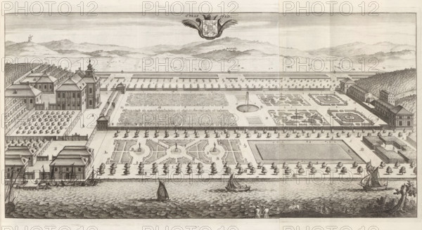 View of the Stavsund estate, Staafsund, Suecia Antiqua et Hodierna, print, album page, printmaker: Willem Swidde, supervision: Erik Jönssen Dahlberg, 1690 - 1696, paper, etching, etching in two parts, folded, height 214 mm x width 417 mm, garden, housing, Ekerö, Stavsund Estate, A wide engraved view shows a formal riverside estate with a large rectangular body of water in the foreground where several sailing vessels are at sea and small figures stand on the riverbank. Behind the water stretches a planted promenade lined with evenly spaced trees and pathways leading into a grand formal garden composed of symmetrically arranged parterres, fountains, circular basins, sculpted hedges, and patterned beds. Flanking the central garden are long classical buildings and pavilions with pitched roofs and multiple chimneys, courtyards enclosed by low walls, and rows of trees and orchards laid out in geometric plots. Further back the landscape opens to terraces and avenues with clipped tree lines an...
