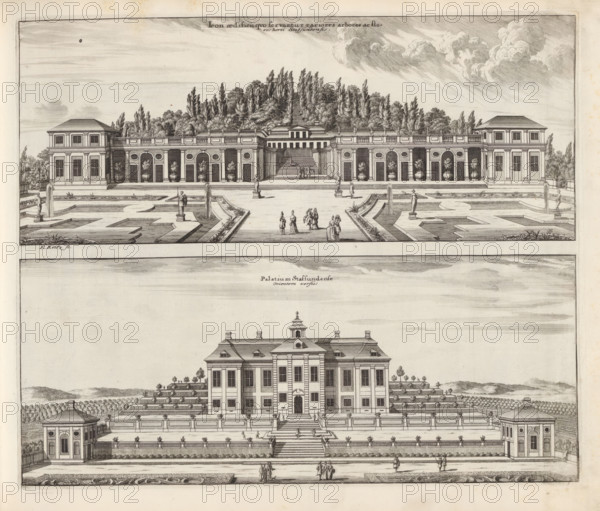 View of the greenhouses of the Stavsund estate and the main building from the east, Icon aedificii quo servantur rariores arbores ac flores horti Stafsundensis, Palatium Stafsundense Orientem versus, Suecia Antiqua et Hodierna, print, album page, printmaker: Erik Reitz, supervision: Erik Jönssen Dahlberg, 1694, paper, etching, height 280 mm x width 334 mm, housing, greenhouse, orangery, Ekerö, Estate Stavsund, A detailed architectural engraving showing two main horizontal scenes stacked vertically, each depicting a symmetrical classical building with formal gardens and terraces; the upper scene features a long low pavilion flanked by two taller pavilions, a central stepped approach leading up to a higher terrace with trees behind, ornamental urns and statues lining the forecourt, rectangular water basins and patterned parterres, and small groups of dressed figures walking and conversing; the lower scene shows a three-story mansion centered on a grand stairway, terraces with balustrades...